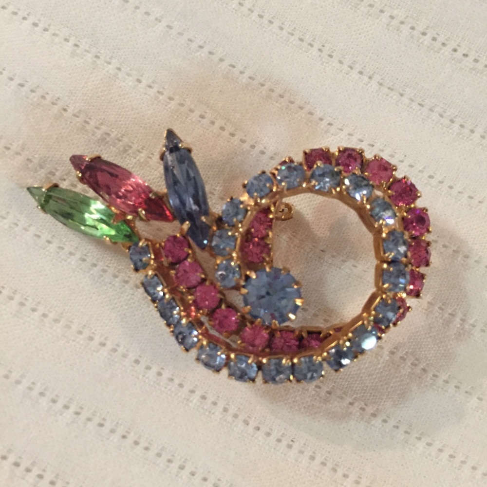 Vintage rhinestone pin of green, pink and blue